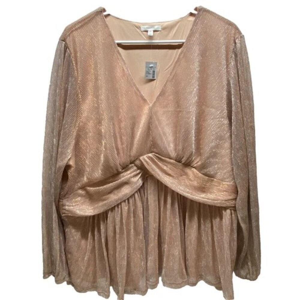Maurices Women's Lurex Peplum Top 3X Rosegold Shimmer Long Sleeve‎ V-Neck NWT